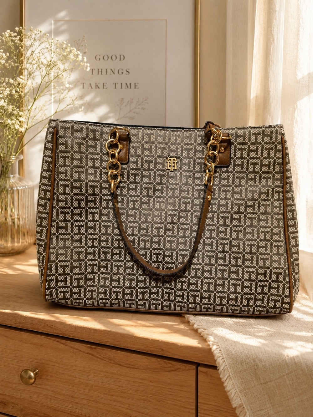 Tommy Hilfiger Jacquard Monogram Tote Bag Brown Gold Chain Accent Shoulder Purse